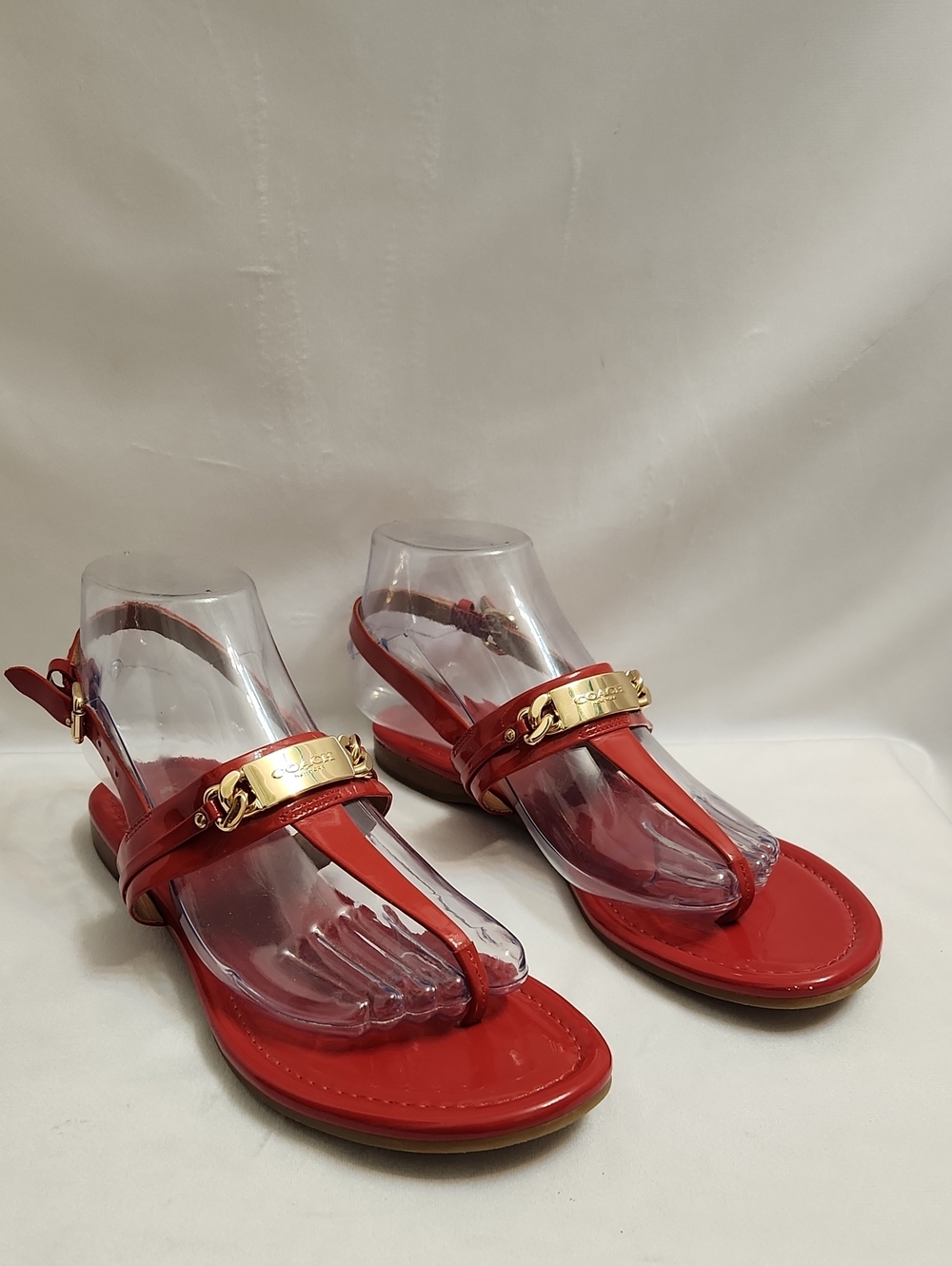 Coach Catherine Red Gold Glossy Patent Leather T-Strap Sandals (W Size 7) - Picture 3 of 11